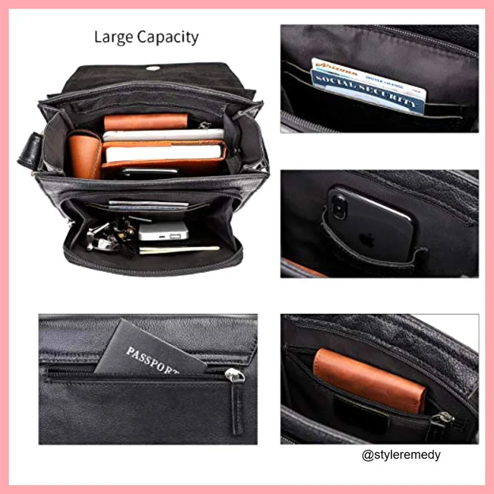 Genuine Cowhide Leather Messenger Bag Adjustable Straps YKK Zipper